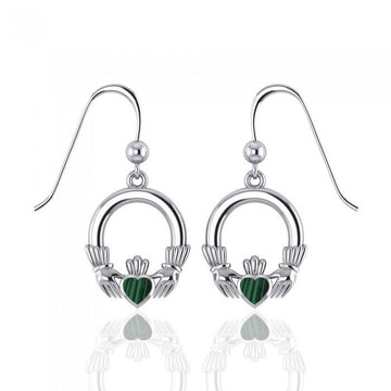 Irish Claddagh with Malachite Inlay Sterling Silver Earrings WE142 - Jewelry